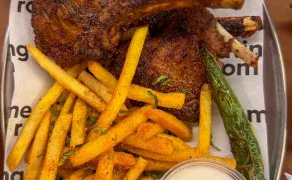 Neighbourhood Food Hall The Meating Room lamb chops with fries and a grilled green chilli.